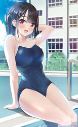  black_hair blue_one-piece_swimsuit blue_sky bob_cut breasts building cloud collarbone commentary_request competition_school_swimsuit cowboy_shot day female fence highres iwanishi large_breasts looking_at_viewer one-piece_swimsuit original outdoors poolside red_eyes school_swimsuit short_hair sky soaking_feet solo swimsuit water 