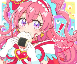  ! back_bow blush border bow brooch character_name close-up commentary cone_hair_bun cure_precious delicious_party_precure double_bun eating female food food_in_mouth food_on_face gloves hair_between_eyes hair_bun hairbow heart heart_brooch hitopm holding holding_food huge_bow jewelry long_hair looking_at_viewer magical_girl maid_headdress nagomi_yui onigiri outline outside_border pink_bow pink_hair portrait precure purple_eyes red_ribbon ribbon solo two_side_up white_border white_gloves white_outline 