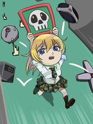  black_socks blonde_hair blue_eyes bomb btooom! camouflage camouflage_skirt chibi commentary_request explosive female himiko_(btooom!) kneehighs loafers m_o_(prftz) miniskirt pleated_skirt shirt shoes sign skirt skull sleeves_rolled_up socks solo teardrop time_bomb white_shirt 