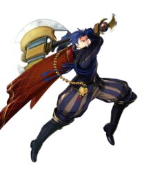  1boy armads_(fire_emblem) axe bad_link blue_eyes blue_hair cape fire_emblem fire_emblem:_the_blazing_blade fire_emblem_heroes full_body hector_(fire_emblem) hector_(valentine)_(fire_emblem) highres male_focus official_art open_mouth solo suekane_kumiko transparent_background weapon 