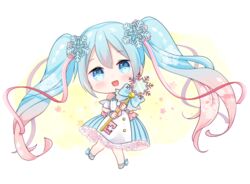  :d ankle_lace-up bad_id bad_pixiv_id blue_bow blue_dress blue_eyes blue_footwear blue_hair blush borrowed_design bow chibi commentary criss-cross_halter cross-laced_footwear dress female full_body fusion gradient_hair hair_between_eyes hair_ornament hair_ribbon halterneck hatsune_miku head_tilt holding holding_weapon key kuma_no_yume long_hair multicolored_hair open_mouth oversized_object pink_hair pink_ribbon ribbon sakura_miku smile snowflake_hair_ornament snowflakes solo twintails very_long_hair vocaloid weapon wrist_cuffs yuki_miku 