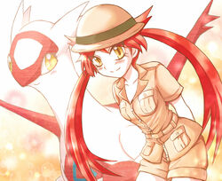  asato commentary_request creature_and_personification dual_persona female hat latias personification pokemon pokemon_(creature) pokemon_adventures red_hair shorts smile twintails yellow_eyes 