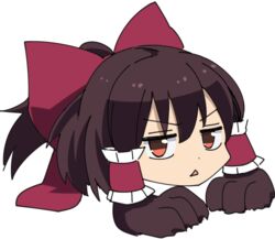  :&lt; animal_hands annoyed blush bow brown_hair chigaunsuyo closed_mouth commentary female hair_tubes hairbow hakurei_reimu jitome large_bow leon_(mikiri_hassha) ponytail red_bow red_eyes short_hair solo touhou triangle_mouth v-shaped_eyebrows 