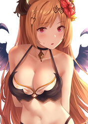  arms_behind_back bad_id bad_pixiv_id bikini black_bikini black_choker blonde_hair blush breasts choker cleavage collarbone commentary_request dark_angel_olivia female flower granblue_fantasy hair_flower hair_ornament horns long_hair looking_at_viewer medium_breasts navel olivia_(summer)_(granblue_fantasy) red_eyes simple_background solo suzuame_yatsumi swimsuit white_background wings 