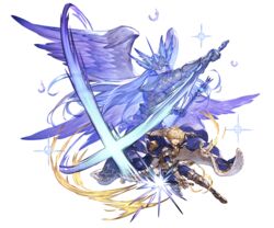  1boy alpha_transparency armor attack blonde_hair blue_cape blue_eyes boots cape diffraction_spikes full_body gauntlets granblue_fantasy holding holding_sword holding_weapon incoming_attack looking_at_viewer male_focus minaba_hideo official_art open_mouth romeo_(granblue_fantasy) solo sword transparent_background weapon 