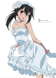  akatsuki_nagisa bare_shoulders black_hair breasts brown_eyes collarbone cowboy_shot dress female gloves hair_between_eyes jewelry long_hair looking_at_viewer necklace one_eye_closed ponytail simple_background small_breasts solo standing strapless strapless_dress strike_the_blood tongue tongue_out wedding_dress white_background white_dress white_gloves 