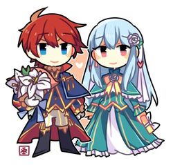  1boy blue_eyes blue_hair cape chibi commentary_request couple dress eliwood_(fire_emblem) eliwood_(valentine)_(fire_emblem) female fire_emblem fire_emblem:_the_blazing_blade fire_emblem_heroes flower hair_ornament long_hair looking_at_viewer lowres ninian_(fire_emblem) red_eyes red_hair roirence short_hair smile straight 