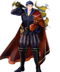  1boy armads_(fire_emblem) axe bad_link blue_eyes blue_hair boots cape collarbone fire_emblem fire_emblem:_the_blazing_blade fire_emblem_heroes full_body gift hector_(fire_emblem) hector_(valentine)_(fire_emblem) highres looking_at_viewer male_focus medal official_art pants pectorals red_cape smile solo suekane_kumiko transparent_background weapon 