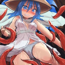  blue_eyes blue_hair blush clenched_teeth female female foomal from_below hat lowres matching_hair/eyes panties restrained solo tentacle tentacle_pit viprpg water_ii wet 