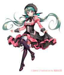  artist_name black_bow black_bowtie black_hat black_thighhighs blush bow bowtie commentary_request dress female floating_hair full_body green_hair hat highres layered_dress lolita_fashion long_hair looking_at_viewer low_twintails official_art pink_ribbon red_eyes ribbon simple_background skirt_hold smile solo suishougensou thighhighs twintails very_long_hair vocaloid white_background xin_hua xin_hua_(vocaloid4)_(japanese) 