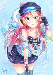  absurdres bad_id bad_pixiv_id beanie between_legs blue_background blush breasts cosplay earmuffs female fingerless_gloves gloves goggles hand_between_legs hat highres hood hoodie kowanayasa_mononoke long_hair love_live! love_live!_sunshine!! medium_breasts open_mouth red_hair sakurauchi_riko ski_goggles skirt snowflakes solo thighhighs watanabe_you watanabe_you_(cosplay) yellow_eyes 