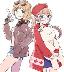  2girls america_(hetalia) axis_powers_hetalia bad_id bad_pixiv_id bear blonde_hair blue_eyes bomber_jacket canada_(hetalia) chiri_(ch!) denim denim_shorts eyewear_on_head front-tie_top genderswap_(mtf) glasses grin gun hair_ornament hair_ribbon hand_in_pocket handgun hat holding jacket kumajirou_(hetalia) leaf light_brown_hair long_hair long_sleeves looking_at_viewer maple_leaf midriff multiple_girls open_mouth polar_bear ribbon rule_63 shirt short_hair short_shorts shorts siblings simple_background sisters smile star_(symbol) sunglasses tied_shirt twintails weapon white-framed_eyewear white_background 