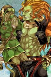  2boys armlet bad_id bad_pixiv_id clothes_grab collar colored_skin green_skin hammer_(xenogears) long_hair male_focus multiple_boys muscular orange_hair pointy_ears ricardo_banderas taijukaren topless_male tunic very_long_hair xenogears 