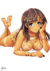  accessory_tan ass bangle bare_legs barefoot bikini bikini_tan black_nails blue_eyes bracelet breasts brown_hair circlet cleavage collarbone commentary_request crossed_ankles dark-skinned_female dark_skin fate/grand_order fate_(series) feet_up female gold gold_trim hand_on_own_head head_rest highres jewelry long_hair looking_at_viewer lying mata_hari_(fate) nail_polish necklace on_stomach one-piece_tan open_mouth parted_lips sakiyamama sidelocks signature simple_background smile solo swimsuit tan tanlines the_pose white_background 