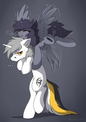  2017 closed_eyes cutie_mark duo equid equine fan_character feathered_wings feathers female feral flying fur grey_background grey_body grey_feathers grey_fur grey_hair hair hasbro hi_res hioshiru hooves horn kate_(hioshiru) kej_(kejifox) male mammal my_little_pony mythological_creature mythological_equine mythology pegasus simple_background smile unicorn white_body white_fur wings yellow_eyes 