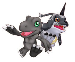  3d agumon_(black) body_fur cel_shading claws creature digimon digimon_(creature) digimon_story:_cyber_sleuth gabumon_(black) game_model green_eyes horns no_humans official_art open_mouth orange_eyes photoshop_(medium) simple_background single_horn teeth tongue 