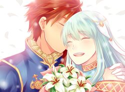  1boy bare_shoulders blue_hair cape closed_eyes commentary_request couple dress eliwood_(fire_emblem) eliwood_(valentine)_(fire_emblem) female fire_emblem fire_emblem:_the_blazing_blade fire_emblem_heroes hair_ornament katarina_neko kissing long_hair ninian_(fire_emblem) red_hair short_hair smile straight 