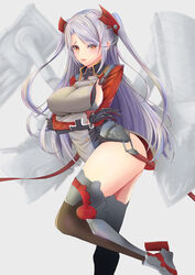  absurdres ass azur_lane black_gloves blurry blurry_background breast_hold breasts commentary_request covered_nipples cross crossed_arms eyes_visible_through_hair female from_side gloves grey_hair hair_ornament highres iron_cross large_breasts lips long_hair long_sleeves looking_at_viewer military military_uniform multicolored_hair parted_lips pink_lips prinz_eugen_(azur_lane) sideboob smile solo spekkio36 streaked_hair swept_bangs thighhighs thighs two_side_up uniform very_long_hair 