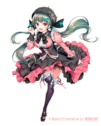  artist_name black_bow black_hat black_thighhighs bow bowtie commentary_request female floating_hair flower green_hair hair_between_eyes hair_ornament hat highres layered_skirt leg_up long_hair low_twintails official_art open_mouth pink_flower red_eyes red_ribbon ribbon shiny_clothes simple_background skirt solo standing standing_on_one_leg suishougensou thighhighs twintails very_long_hair vocaloid white_background xin_hua xin_hua_(vocaloid4)_(japanese) 