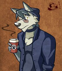  2016 5_fingers absurd_res anthro beverage black_eyebrows blue_clothing blue_hat blue_headwear blue_jacket blue_shirt blue_topwear brown_background brown_eyewear brown_glasses bust_portrait canid canine cheek_tuft chest_tuft clothed clothing coffee coffee_cup collar collarbone colored container countershade_face countershade_torso countershading cup dark_pupils dated digital_media_(artwork) eyebrows eyewear facial_tuft fingers footprint front_view frown fur fur_tuft glasses green_pupils grey_body grey_ears grey_fur grey_hair grey_nose hair half-closed_eyes hat headgear headwear hi_res holding_container holding_cup holding_object inner_ear_fluff iris jacket kouya_(morenatsu) looking_at_viewer male mammal morenatsu multicolored_body multicolored_fur narrowed_eyes neckwear open_clothing open_jacket open_topwear pawprint portrait prick_ears pupils shirt signature simple_background snout solo steam textured_background three-quarter_view topwear tuft two_tone_body two_tone_fur ventkazemaru white_body white_countershading white_fur white_inner_ear yellow_eyes 