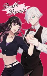  1boy ;d aqua_eyes bad_id bad_pixiv_id belt black_hair black_skirt blazer bow bowtie breasts buttons cleavage collared_shirt commentary_request copyright_name couple cowboy_shot crop_top death_parade decim_(death_parade) dress_shirt female flipped_hair floating_hair flyers_(death_parade) frown hair_over_one_eye hand_grab head_tilt highres holding_hands jacket jewelry kurokami_no_onna lipstick long_hair long_sleeves looking_at_another makeup medium_breasts midriff miniskirt multicolored_hair navel necklace one_eye_closed open_mouth outline pants pencil_skirt pendant purple_eyes red_background shirt short_hair simple_background skirt smile standing straight swept_bangs two-tone_hair vest white_hair white_shirt yayata_(884) 