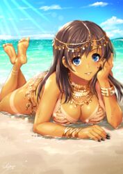  accessory_tan ass bangle bare_legs barefoot beach bikini bikini_tan black_nails blue_eyes blue_sky bracelet breasts brown_hair circlet cleavage collarbone commentary_request crossed_ankles dark-skinned_female dark_skin day duplicate fate/grand_order fate_(series) feet feet_up female gold gold_trim hand_on_own_head head_rest highres jewelry long_hair looking_at_viewer lying mata_hari_(fate) nail_polish necklace ocean on_stomach one-piece_tan open_mouth outdoors parted_lips partially_submerged pixel-perfect_duplicate sakiyamama sand sidelocks signature sky smile solo sunlight swimsuit tan tanlines the_pose water wet 