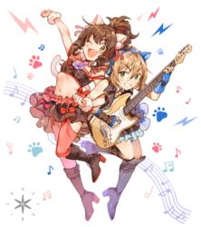  2girls animal_ear_headphones animal_ears asterisk_(idolmaster) beamed_sixteenth_notes blush boots bow brown_hair cat_ear_headphones cat_ears cat_tail commentary_request crop_top cropped_jacket detached_collar eighth_note electric_guitar fake_animal_ears fender_stratocaster frilled_skirt frills green_eyes grin guitar half_note headphones high_heel_boots high_heels high_ponytail idolmaster idolmaster_cinderella_girls instrument inzup jacket light_brown_hair lightning_bolt_symbol locked_arms maekawa_miku midriff multiple_girls musical_note navel oerba_yun_fang one_eye_closed open_clothes open_jacket open_mouth over_the_collar_(idolmaster) paw_print plectrum quarter_note red_bow short_hair sixteenth_note skirt sleeveless sleeveless_jacket smile staff_(music) tada_riina tail thighhighs wristband 