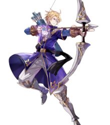  1boy arrow_(projectile) blonde_hair boots bow_(weapon) drawing_bow fingerless_gloves fire_emblem fire_emblem:_the_binding_blade fire_emblem_heroes full_body gloves highres holding holding_arrow holding_bow_(weapon) holding_weapon klein_(fire_emblem) male_focus official_art purple_eyes quiver solo tobi_(kotetsu) transparent_background weapon 