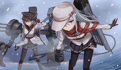  2girls anchor armor bad_id bad_twitter_id belt black_gloves black_pantyhose black_skirt black_thighhighs blue_eyes boots breasts brown_gloves cannon chains closed_mouth commentary_request flat_cap gangut_(kancolle) gloves grey_hair hat hibiki_(kancolle) jacket kantai_collection long_hair long_sleeves looking_at_another looking_at_viewer medium_breasts military military_hat military_jacket military_uniform miniskirt multiple_girls naval_uniform ocean oktyabrskaya_revolyutsiya_(kancolle) outdoors pantyhose peaked_cap red_eyes red_shirt rigging sailor_collar scarf school_uniform serafuku shirt shoes skirt small_breasts snowing thighhighs torpedo_tubes turret uniform verniy_(kancolle) yakob_labo 