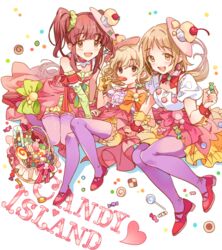  3girls :d basket blonde_hair blush bow brown_eyes brown_hair candy candy_island_(idolmaster) cherry clover commentary_request cupcake detached_collar dress food four-leaf_clover frilled_dress frills fruit futaba_anzu green_scrunchie hair_ornament hair_scrunchie hat idolmaster idolmaster_cinderella_girls inzup lollipop long_hair low_twintails lying mimura_kanako multiple_girls ogata_chieri open_mouth purple_legwear red_bow ribbon scrunchie short_hair sitting smile sweet2_happy_(idolmaster) thighhighs twintails wrist_cuffs 