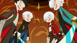  4boys black_hair brothers coat commentary_request dante_(devil_may_cry) dante_(dmc:_devil_may_cry) devil_may_cry_(series) dmc:_devil_may_cry dual_persona dual_wielding gloves gun handgun holding jewelry male_focus multiple_boys necklace no_pupils open_mouth panty_&amp;_stocking_with_garterbelt parody photoshop_(medium) sakura3914 siblings smile style_parody sword vergil_(devil_may_cry) vergil_(dmc:_devil_may_cry) weapon white_hair 