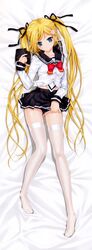  absurdres black_panties blonde_hair blue_eyes dakimakura_(medium) female full_body hair_ornament hair_ribbon happoubi_jin highres kanojo_x_kanojo_x_kanojo legs long_hair long_legs lying on_back orifushi_mafuyu panties pleated_skirt ribbon scan school_uniform skirt solo thighhighs twintails underwear very_long_hair white_thighhighs 