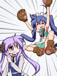  2girls :3 ahoge angry animal_ears armpits bear_ears bear_paws blue_hair blush bow breasts cosplay green_eyes hair_ribbon hairbow hiiragi_kagami izumi_konata jumping long_hair lucky_star maid_headdress mizushima_(p201112) mole multiple_girls necktie oerba_yun_fang open_mouth purple_eyes purple_hair ribbon school_uniform simple_background striped_background tie tongue tongue_out tsubaki_kureha tsubaki_kureha_(yuri_kuma_arashi)_(cosplay) twintails yuri_kuma_arashi yurigasaki_lulu yurigasaki_lulu_(yuri_kuma_arashi)_(cosplay) 