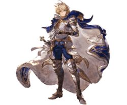  1boy alpha_transparency blonde_hair blue_cape blue_pants cape full_body granblue_fantasy holding holding_sword holding_weapon looking_at_viewer male_focus minaba_hideo official_art pants romeo_(granblue_fantasy) solo sword transparent_background weapon 