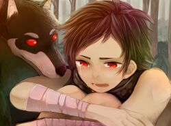  1boy animal_ears bad_id bad_pixiv_id bandages brown_hair canine chien_(tales_of_innocence) crying dog_ears knees_up male_focus open_mouth penguu_(green528) red_eyes sitting solo tales_of_(series) tales_of_innocence teeth tree 