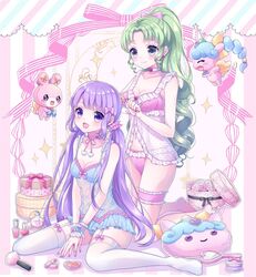  2girls aki_(akinyaaaaa) babydoll blue_panties bow bow_panties box breasts brush brushing_another&#039;s_hair brushing_hair choker cleavage commentary_request cosmetics earrings falulu falulu_(awakened) garter_straps green_eyes green_hair hairbow head_tilt highres indoors jewelry kneeling long_hair looking_at_another looking_at_viewer manaka_non medium_breasts mirror multiple_girls navel open_mouth pale_color panties parted_bangs pastel_colors pink_panties pretty_series pripara purple_eyes purple_hair sitting stuffed_toy thigh_strap thighhighs underwear unicorn_(pripara) usacha wariza white_legwear wrist_cuffs 