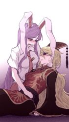  2girls animal_ears blonde_hair blush carrot chinese_clothes commentary_request cradling_head crying crying_with_eyes_open hat highres junko_(touhou) long_hair miata_(miata8674) multiple_girls necktie pale_skin purple_hair rabbit_ears red_eyes red_necktie reisen_udongein_inaba shirt short_sleeves tabard tears tie_clip touhou very_long_hair white_shirt wide_sleeves 