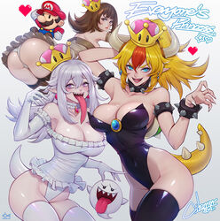  1boy 3girls armlet artist_name ass black_leotard black_thighhighs blonde_hair blue_eyes boo_(mario) bowsette bracelet breasts brown_eyes brown_hair chest_jewel chibi choker citemer claw_pose claws cleavage collar collar_jewel commentary covered_navel crown earrings elbow_gloves english_commentary english_text facial_hair fingernails frilled_collar frilled_gloves frilled_leotard frills gloves hat heart highleg highleg_leotard highres horns jewelry large_breasts leotard light_blush long_hair long_tongue looking_at_viewer luigi&#039;s_mansion mario mario_(series) mini_crown moustache multicolored_hair multiple_girls new_super_mario_bros._u_deluxe open_mouth overalls pale_skin panties pendant_collar ponytail princess_goomba princess_king_boo purple_eyes red_hair red_hat sharp_fingernails sharp_teeth simple_background sphere_earrings spiked_armlet spiked_bracelet spiked_choker spiked_shell spiked_tail spikes streaked_hair super_crown tail teeth thighhighs tongue tongue_out turtle_shell two-tone_hair underwear wavy_hair white_background white_gloves white_hair white_leotard wide_ponytail 