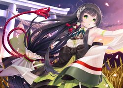  armpits black_hair commentary_request detached_sleeves dress female furisode green_dress green_eyes hane_yoshiyumi highres japanese_clothes kantai_collection kimono long_hair low-tied_long_hair mizuho_(kancolle) obi open_mouth petals sash solo torii very_long_hair 