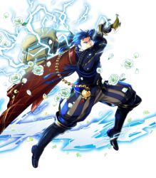  1boy armads_(fire_emblem) axe bad_link blue_eyes blue_hair cape fire_emblem fire_emblem:_the_blazing_blade fire_emblem_heroes full_body hector_(fire_emblem) hector_(valentine)_(fire_emblem) highres lightning looking_at_viewer male_focus official_art open_mouth solo suekane_kumiko transparent_background weapon 