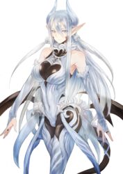  armpits bare_shoulders black_bodysuit bodysuit bodysuit_under_clothes bridal_gauntlets commentary_request covered_navel demon_girl demon_horns demon_wings female fur_trim gloves grey_eyes grey_gloves grey_hair grey_legwear grey_leotard highres horns leotard long_hair looking_at_viewer original pointy_ears ricci simple_background solo tail very_long_hair white_background wings 