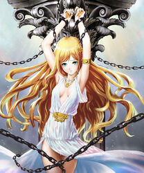  101_(lo10) andromeda_(mythology) aqua_eyes arm_strap armpits arms_up blonde_hair bracelet breasts chained chains column commentary_request cuffs dress female hair_ornament highres jewelry long_hair pillar shackles shingoku_no_valhalla_gate sleeveless sleeveless_dress small_breasts solo very_long_hair white_dress 