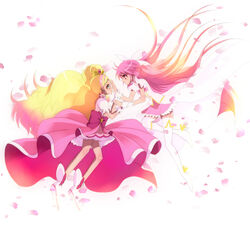  2girls aino_megumi aqua_eyes blonde_hair blue_eyes boots bow choker commentary_request crossover cure_flora cure_lovely earrings floating forever_lovely gloves go!_princess_precure gradient_hair hairbow half_updo happinesscharge_precure! haru_(nature_life) haruno_haruka heart holding_hands in-franchise_crossover jewelry long_hair magical_girl multicolored_hair multiple_girls pink_bow pink_eyes pink_hair pink_skirt precure puffy_sleeves ribbon skirt smile streaked_hair thighhighs two-tone_hair very_long_hair waist_bow white_legwear wide_ponytail zettai_ryouiki 