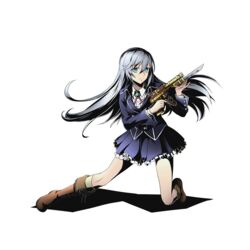  alpha_transparency blue_eyes blue_skirt boots brown_footwear cross-laced_footwear divine_gate female full_body grey_hair gunblade hair_ornament knee_boots kneehighs la_folia_rihavein lace-up_boots long_hair looking_at_viewer official_art on_one_knee pleated_skirt skirt smile socks solo strike_the_blood transparent_background ucmm weapon 