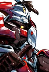  1boy autobot commentary_request dataglitch drift_(transformers) dual_wielding highres holding insignia mecha no_humans robot science_fiction smirk solo sword the_transformers_(idw) transformers weapon 