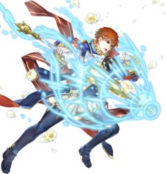  1boy blue_eyes cape eliwood_(fire_emblem) eliwood_(valentine)_(fire_emblem) fire_emblem fire_emblem:_the_blazing_blade fire_emblem_heroes flower full_body highres itou_misei lance male_focus official_art open_mouth polearm red_hair solo transparent_background weapon 