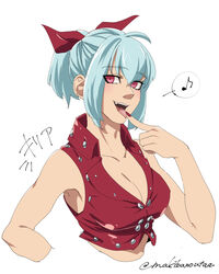  bad_id bad_pixiv_id ban_(nanatsu_no_taizai) breasts cleavage female genderswap_(mtf) grey_hair hair_ribbon large_breasts licking licking_finger makino_(makibanosong) nanatsu_no_taizai oerba_yun_fang open_mouth red_eyes ribbon rule_63 short_ponytail simple_background smile solo white_background 