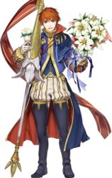  1boy blue_eyes cape eliwood_(fire_emblem) eliwood_(valentine)_(fire_emblem) fire_emblem fire_emblem:_the_blazing_blade fire_emblem_heroes flower full_body highres itou_misei lance looking_at_viewer male_focus official_art polearm red_hair smile solo transparent_background weapon 