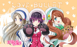  3girls animal_ears animal_hands bear_ears bear_paws blue_eyes blush brown_hair commentary_request gloves long_hair looking_at_viewer motoi_ayumu multiple_girls one_eye_closed open_mouth paw_gloves photoshop_(medium) purple_eyes short_hair smile tsubaki_kureha twintails yuri_kuma_arashi yurigasaki_lulu yurishiro_ginko 