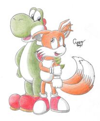  ambiguous_gender anthro better_version_at_source black_nose canid canine clothing cyangamma fox fur green_eyes green_yoshi male mammal mario_bros nintendo open_mouth sega smile sonic_the_hedgehog_(series) tails tails_(disambiguation) yoshi 